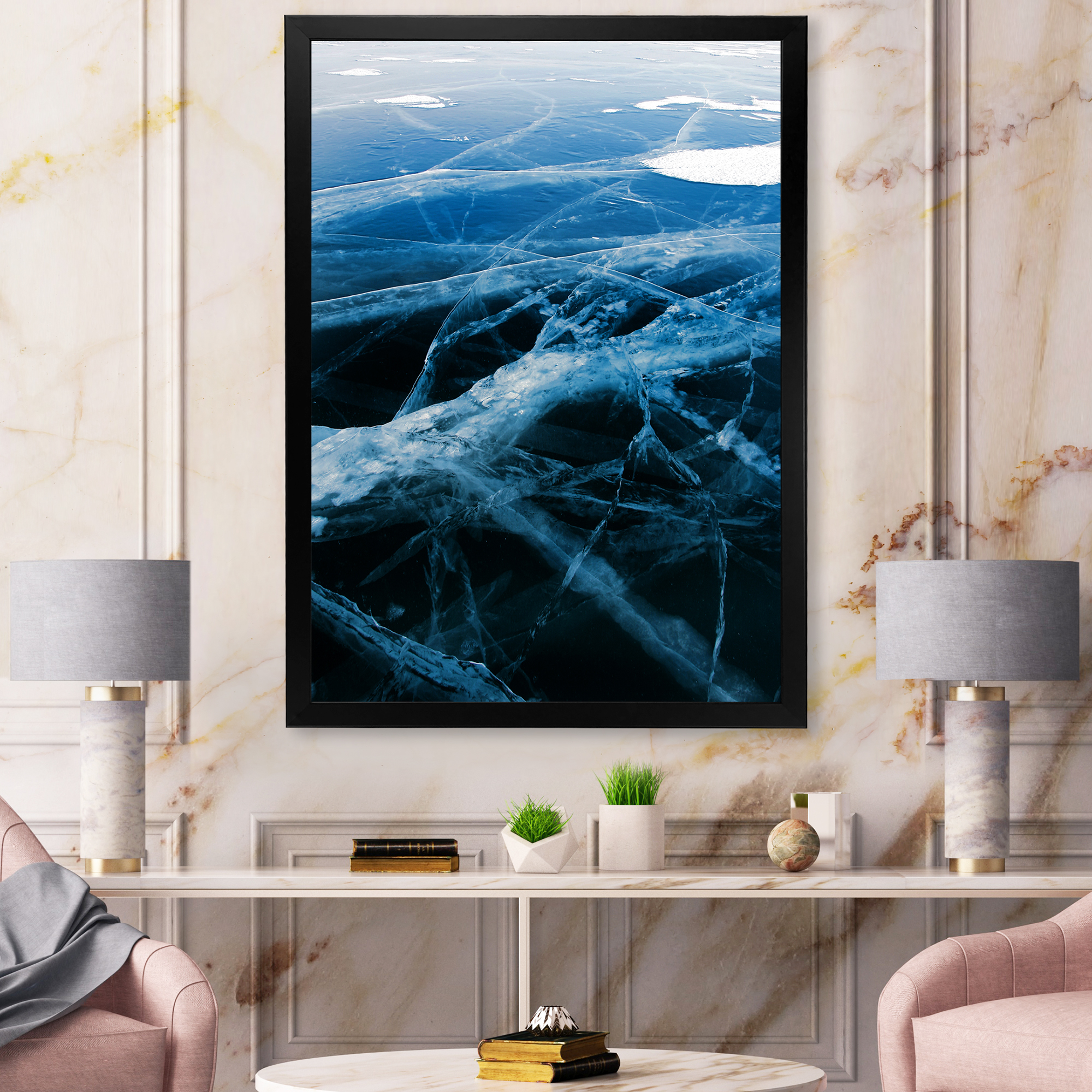 Designart 'White and Blue Ice Structure II' Modern Framed Art Print