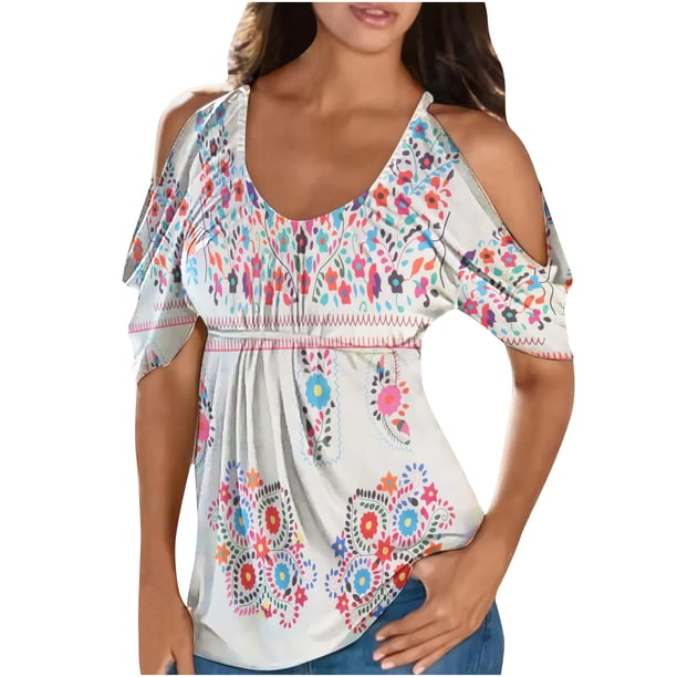 Mujeres moda verano casual o-cuello estampado manga corta Hoollow Out Tops Fridja czfsfas1268