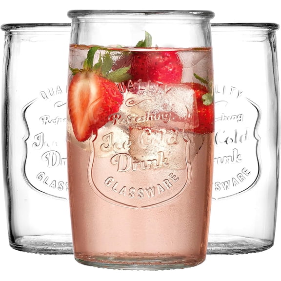 Drinking Glasses Set of 4, Vintage Italian Style – Elegant 20 Oz Clear Tumbler Glassware Set– Genuine Artisan-Made for, Refreshing Drinks, Beverages, Cocktails.
