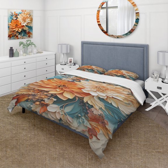 Designart "Orange Teal botanic Whirlwind I" Abstract Bedding Covert Set - Abstract Botanicals Orange Modern Bed Set With 2 Shams