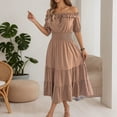 thumbnail image 2 of DHFJKG Wedding Guest Dresses For Women Summer Off Shoulder Long Dress Casual Puffy Short Sleeve Smocked Waist Flowy A-Line Sundress Stylish Dresses, 2 of 9