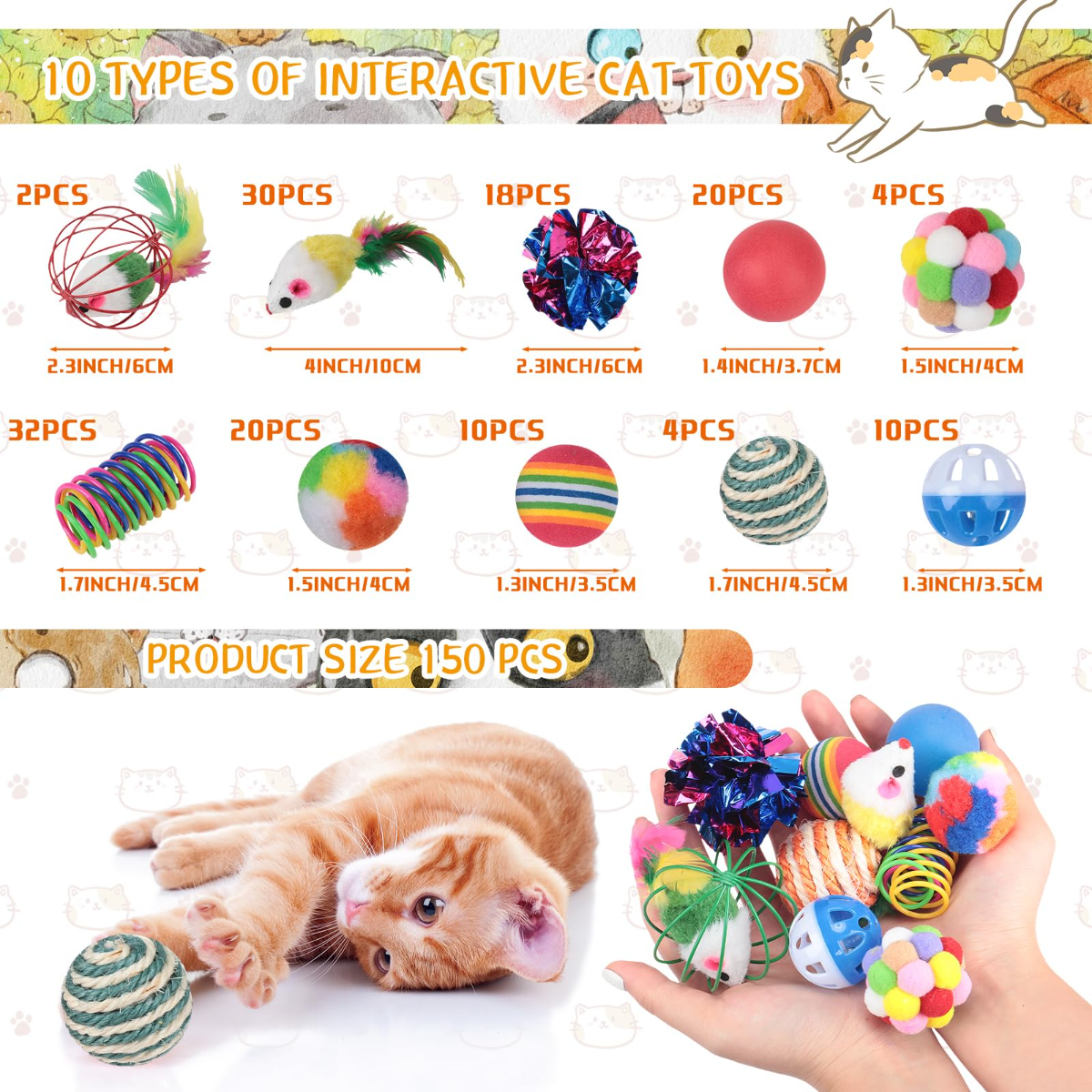 150 Pcs Cat Toys Bulk, Kitten Toys Assorted Cat Toy Variety Pack Cats Toy Bundle with Mice Rainbow Balls/Springs Crinkle Balls/Lattice/Sisal/Table Tennis/Plush/Caged Bell for Indoor Cats Kitty Kitten