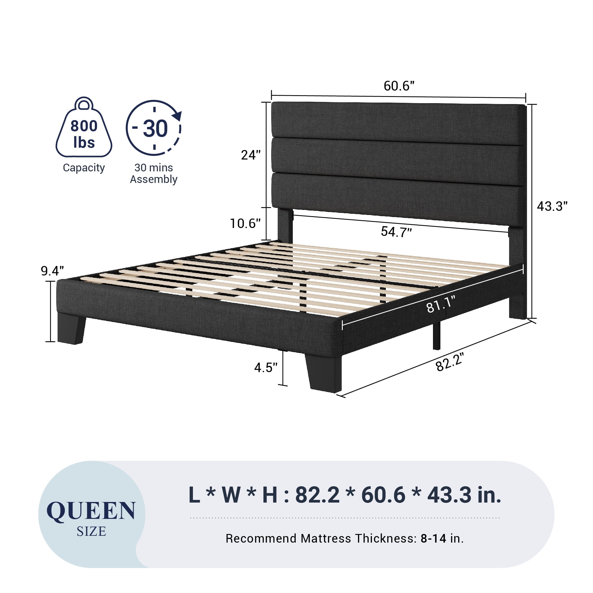 Allewie Queen Size Platform Bed Frame with Fabric Upholstered Headboard, No Box Spring Needed, Dark Grey