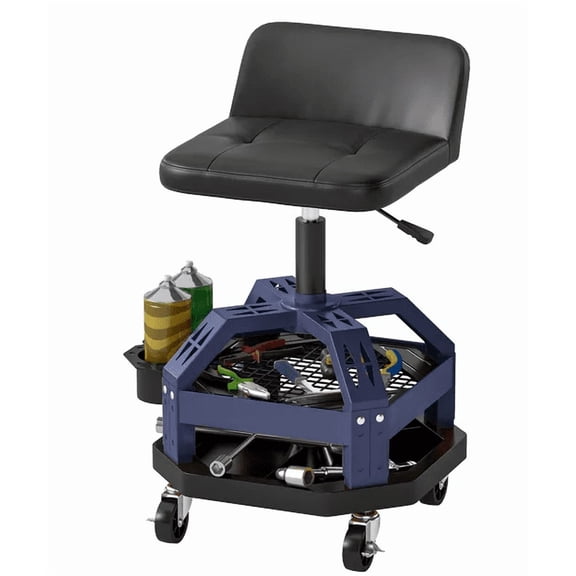HOMCOM Rolling Creeper Garage Stool  300 LBS Capacity Mechanic Stool with 360° Wheels  Tool Tray  Adjustable Height  Blue