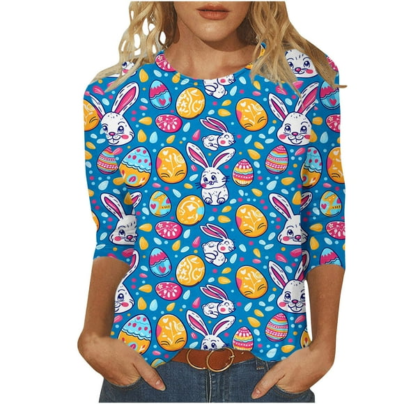 lcziwo Women's 3/4 Sleeve Shirts Easter Eggs Graphic Tees Shirt Casual Round Neck Pullover Blouses Cute Rabbit Print Tunic Tops,Multicolor,M