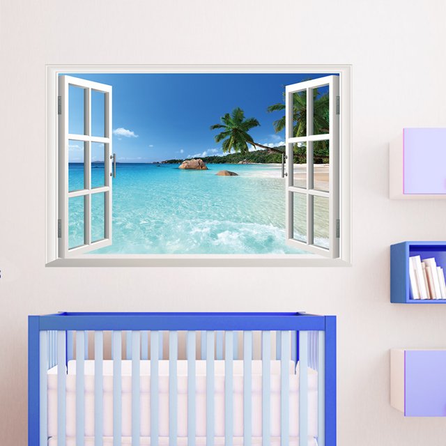 Etiqueta engomada de la pared liwang paisaje de la playa vista de ventana falsa 3D