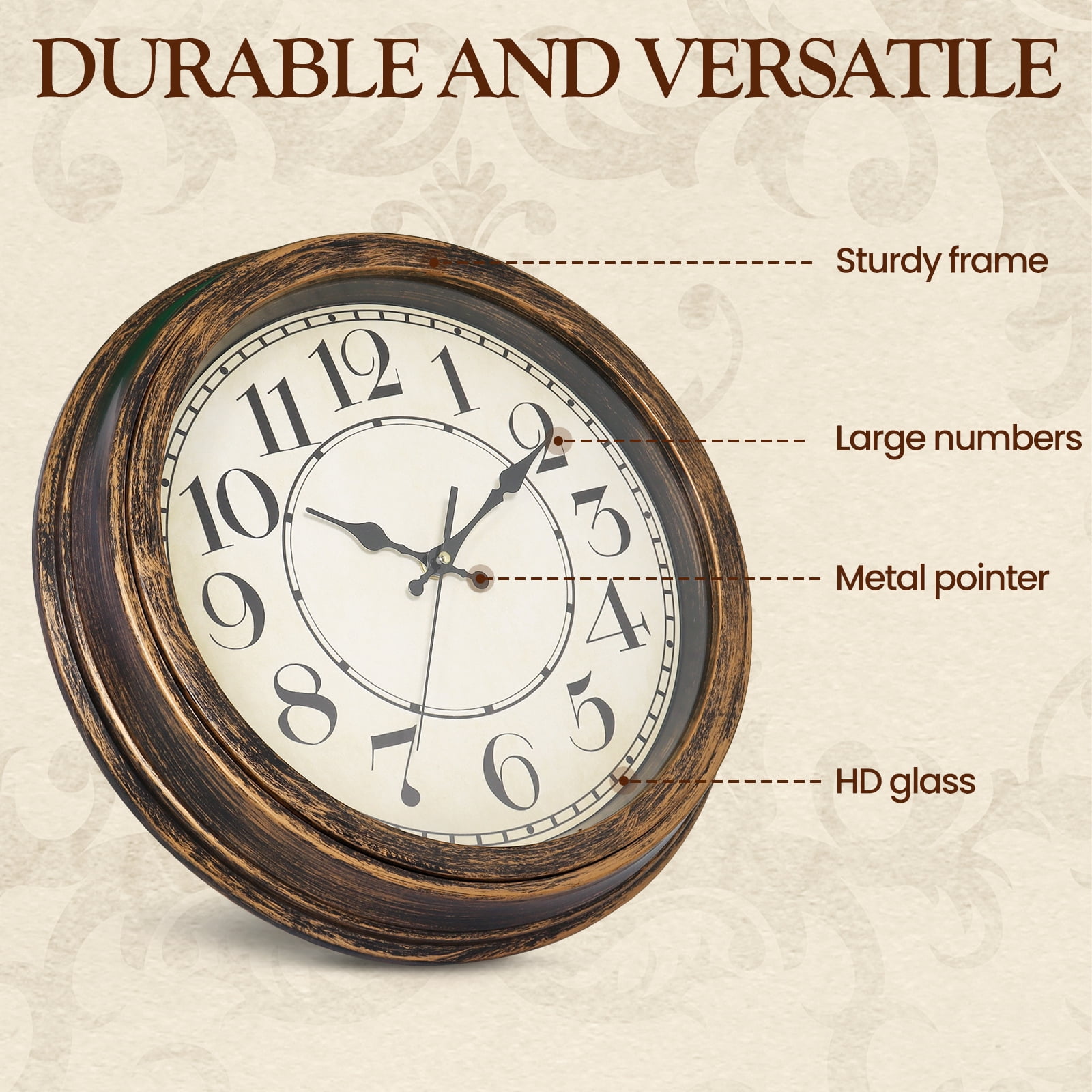 Geevon Retro Silent 14 Inch Wall Clock Non Ticking, Rustic Vintage Clock Quartz Decorative, Battery Operated for Kitchen/Office/Classroom/Bedroom/Living Room Decor