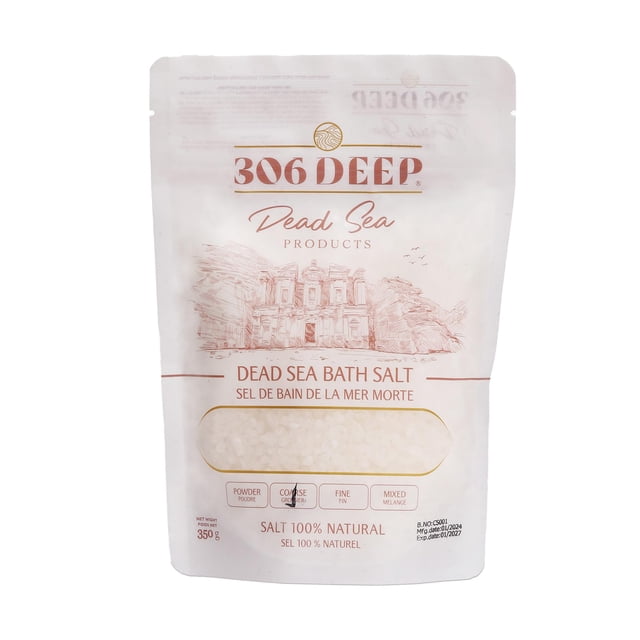 306 Sales profundas y gruesas del Mar Muerto para remojo - 350 gramos de minerales del Mar Muerto para baños de baño sal del Mar Muerto Baño de baño con magnesio zinc potasio 2-4 mm sal natural del