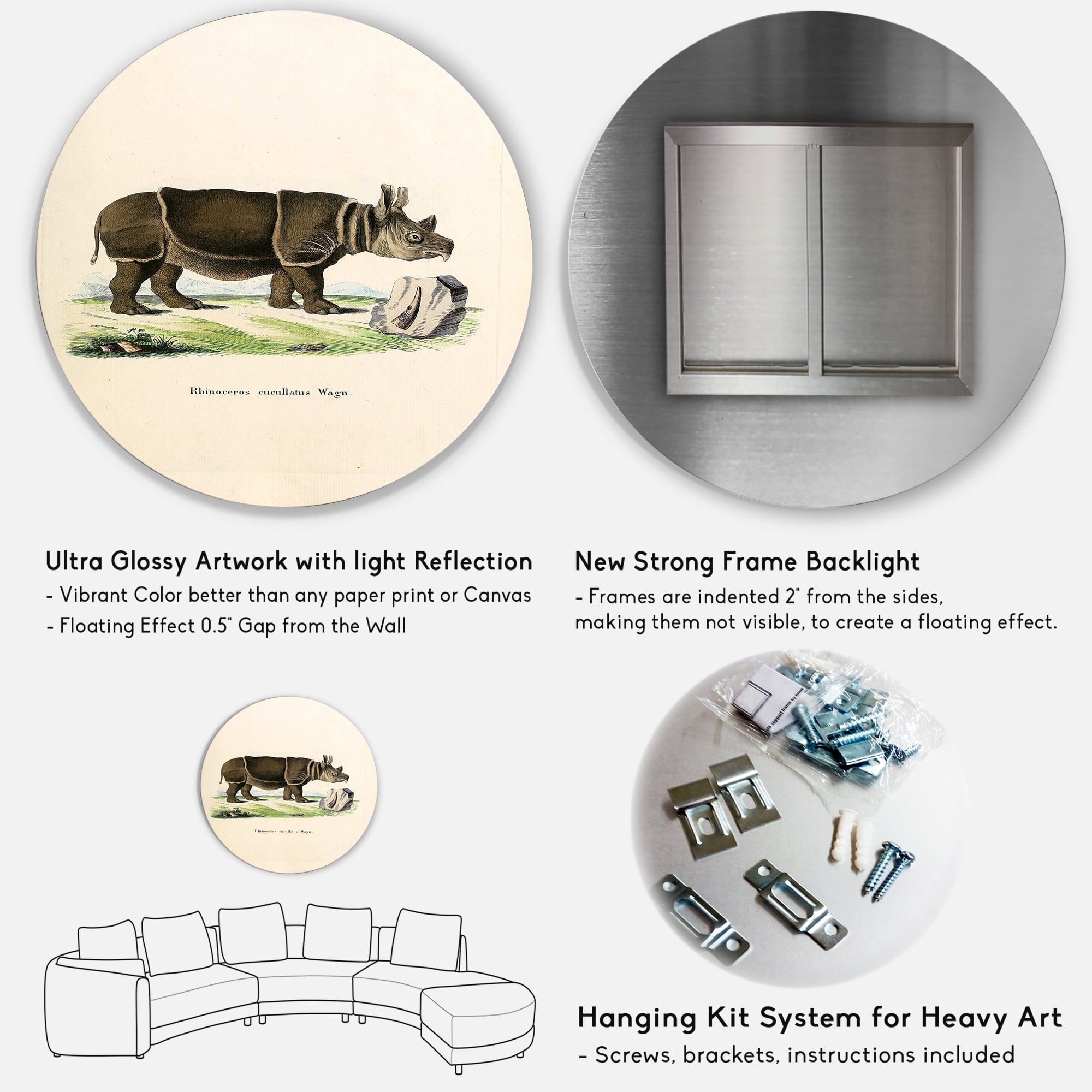 Designart 'Ancient Rhinoceros' Farmhouse Circle Metal Wall Art 36x36 - Disc of 36