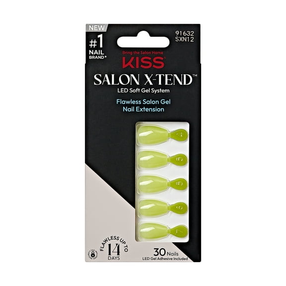 KISS Salon X-tend LED Soft Gel System Color Nails, Solid Green, Short Coffin, 34 Ct.
