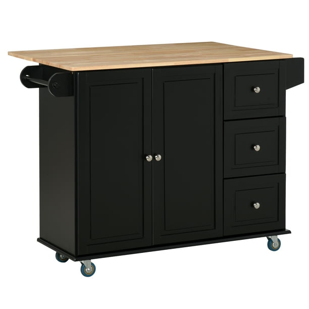 Homcom Mobile Kitchen Island Storage Trolley Cart With Dropleaf Top Towel Spice Rack 3 Drawers 2 Door Cabinet And Lockable Wheels Black Com Homcom Mobile Kitchen Island Storage, Black Kitchen Island Trolley