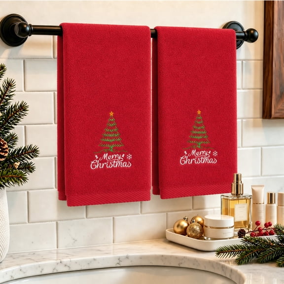 WETRBWEH 2 Pcs Red Cotton Christmas Tree Hand Towels, 13.8"x29.6", Holiday Decor