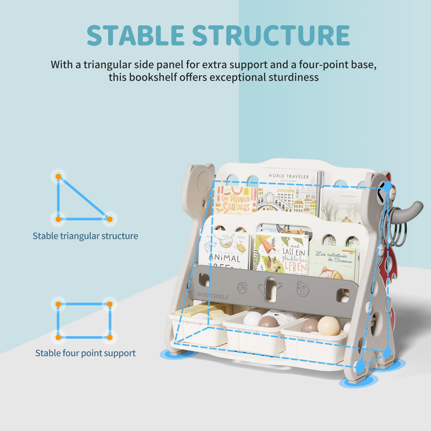 UNICOO® Kids Baby Dragon 2 Tier Bookshelf with 3 Toy Storage Bins, Children Bookshelf & Toy Organizer (Grey & White)