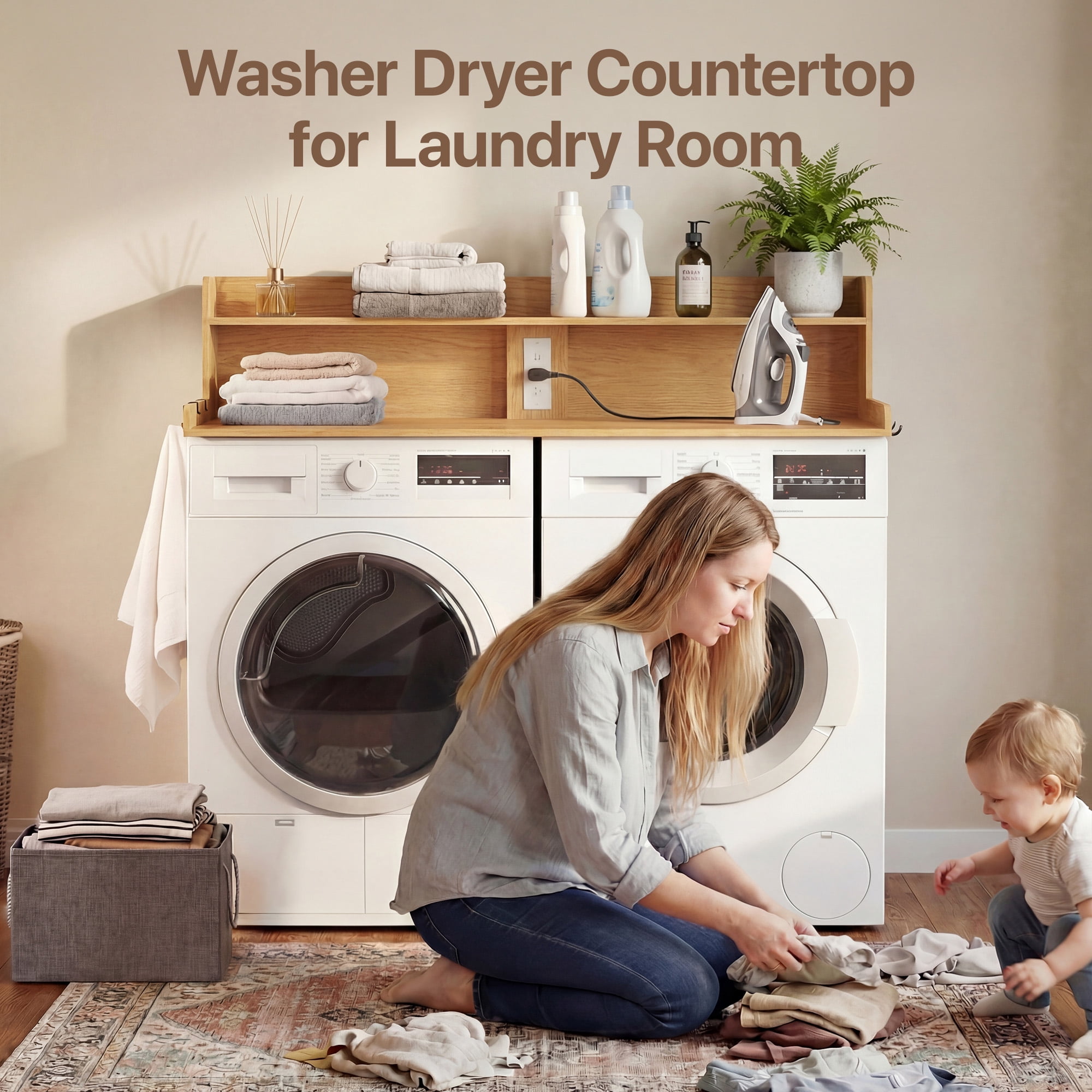 YDN 54" Large Laundry Countertop with Power Outlet & LED Lights, 2-Tier Washer Dryer Countertop for Laundry Room Organization,Washer and Dryer Topper W/ Storage Basket,Metal Hooks,Non-Slip Pad,Nature