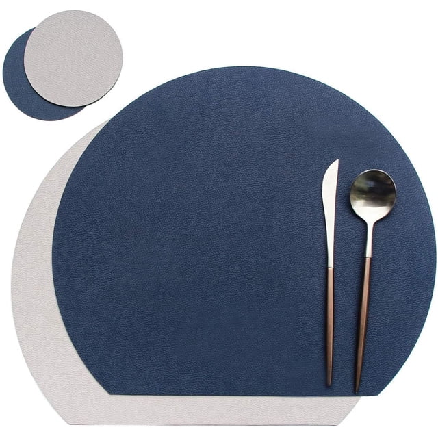 Round Placemats, Non-Slip Reversible Faux Leather Table Mats, Set of 1 Washable Table Mats and 1 Coasters Coffee Mats for Dining Tables, 13" x 15" (Black + Brown)