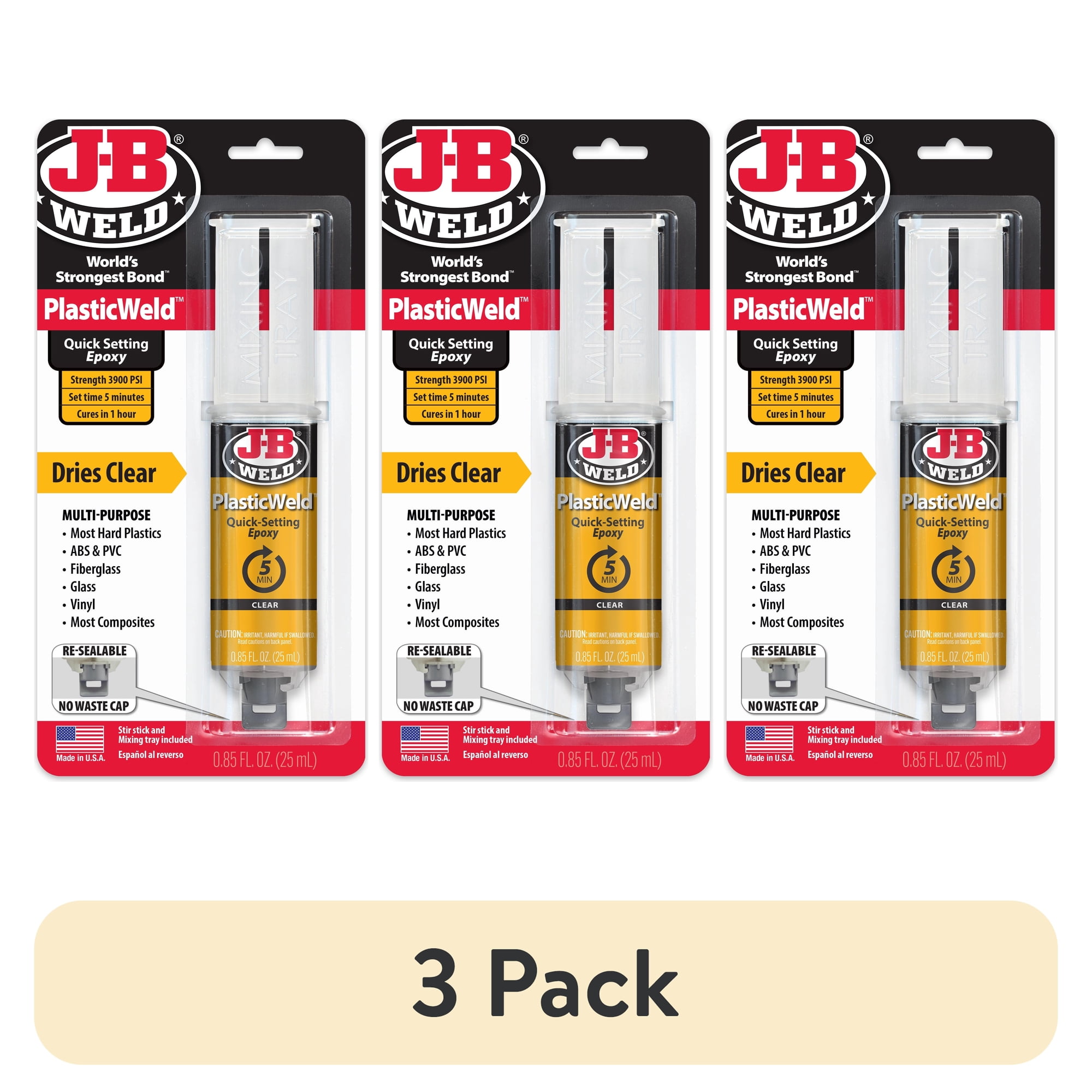 (3 pack) J-B Weld Plasticweld Quick-Setting Epoxy Syringe - 25 ml, Yellow