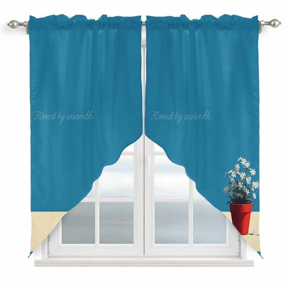 Blue Daisy Vase Swag Curtains for Kitchen/Bedroom/Living Room, Spring Floral Modern Art Scalloped Curtains 63 Inch Long, Rod Pocket Window Swag Topper Curtains Valances 2 Panels Set 36"x63"