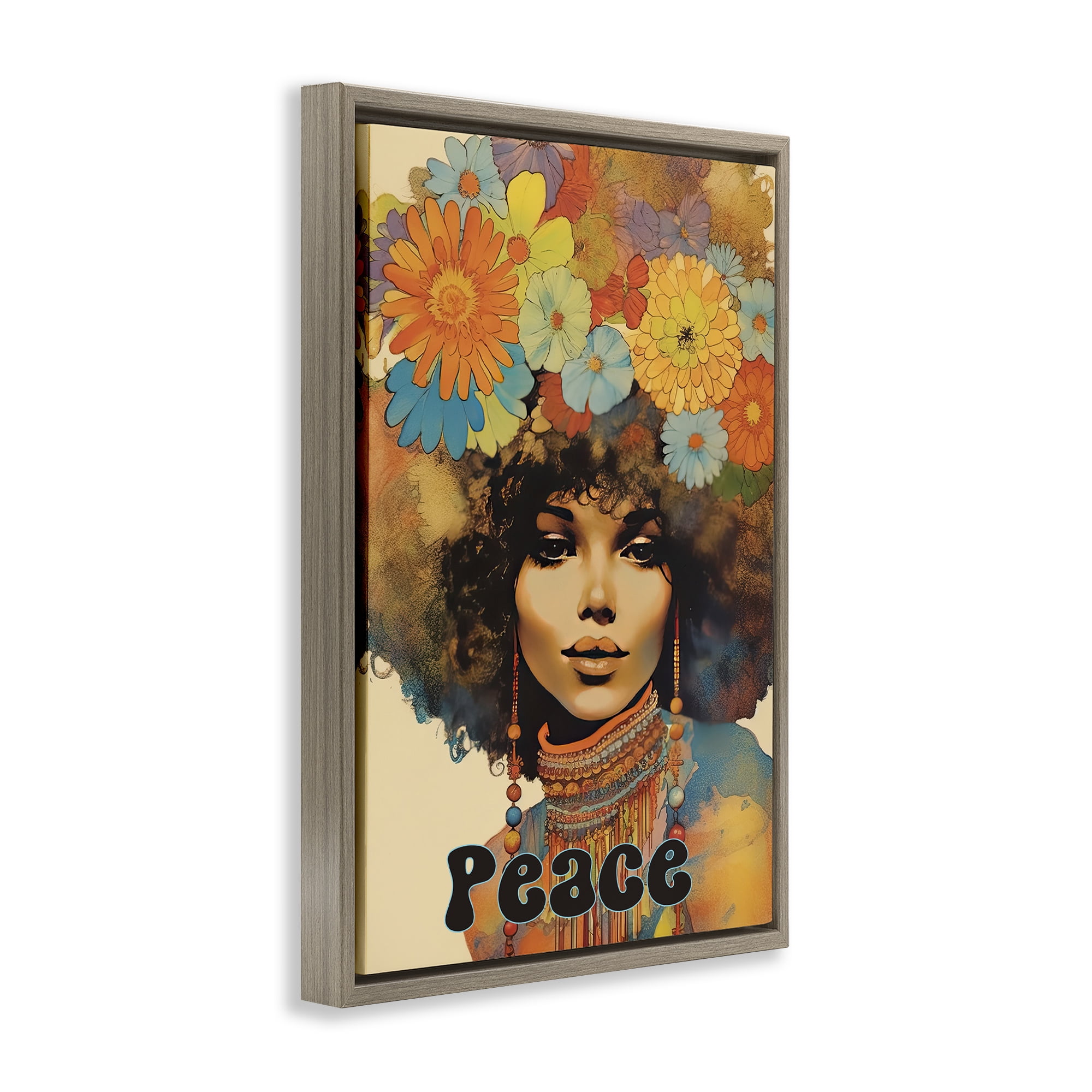 Peace Groovy Afro Girl Brown Framed Floater Canvas Wall Art, design by Sasha