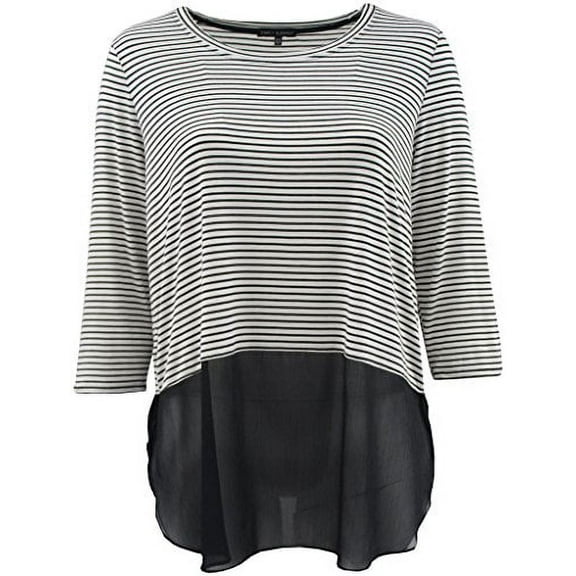 Plus Size Women's Short Sleeve Striped Chiffon Bottom Fashion Casual T Shirt Top Black White 1X (16.038)