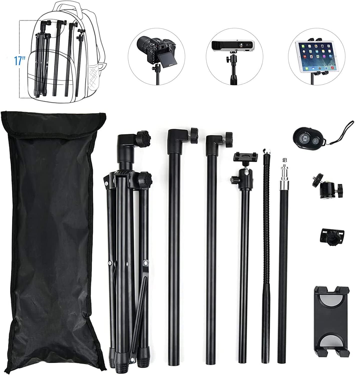 Tablet Tripod for iPad Floor Stand,iPad Pro Tripod Mount for Video Recording,iPhone Holder Stand w. Remote Aluminum 360 Rotating Adjustable 68" Tall Tripod for iPhone 13 Pro Max/Projector/Camera