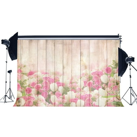 Image of ABPHOTO Polyester 7x5ft Valentine s Day Backdrop Blooming Fresh Rose Flowers Rustic Wood Plank Romantic Wallpaper Photography Background Girls Lover Wedding Party Photo Studio Props