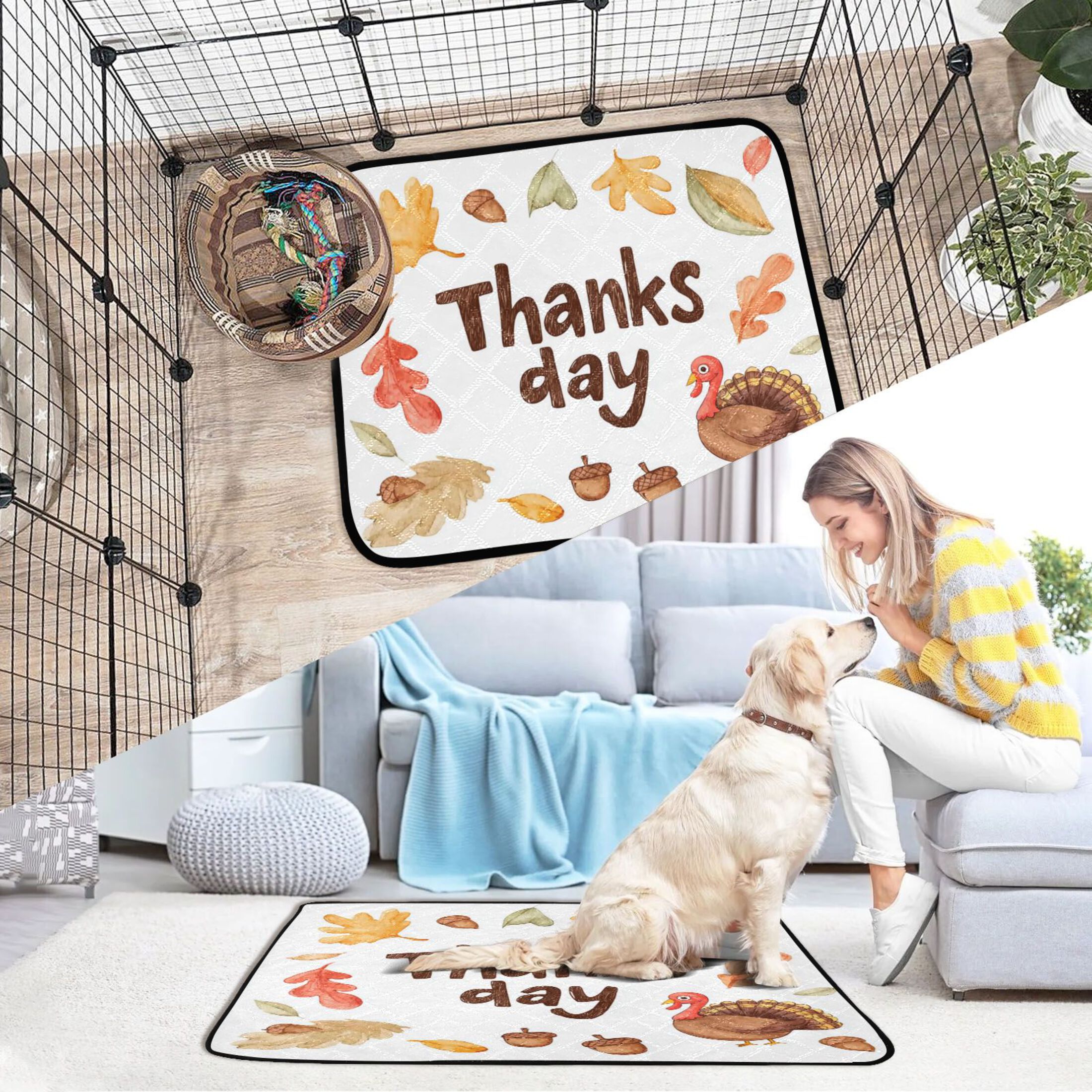 IAUYY Washable Pee Pads for Dogs Smallx3 Absorbent and Leak-Proof Non-Slip Reusable Puppy Pee Pads for Dogs Applicable to Playpen Potty Crate Little Turkey and Acorns