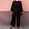 thumbnail image 2 of Traje informal suelto liso para mujer, Top de manga larga con cuello redondo y pantalones largos, traje de manga larga con cuello redondo/camisa, traje Pompotops qwe23763, 2 of 9