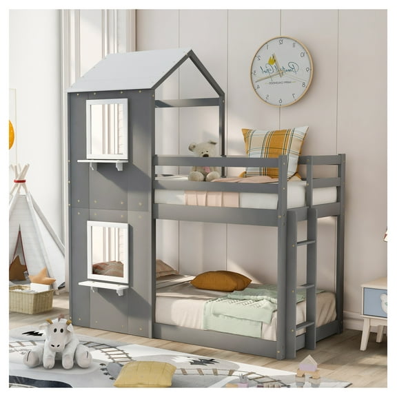 Twin-over-Twin Wood Bunk Bed with Roof, Window, Guardrail & Ladder, White