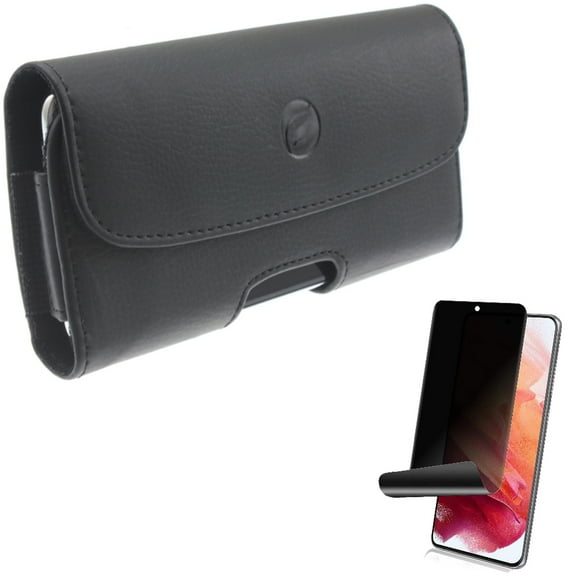 Privacy Screen Protector w Case Belt Clip for Samsung Galaxy S21 Plus - TPU Film (Fingerprint Works) Anti-Peep, Leather Holster Cover