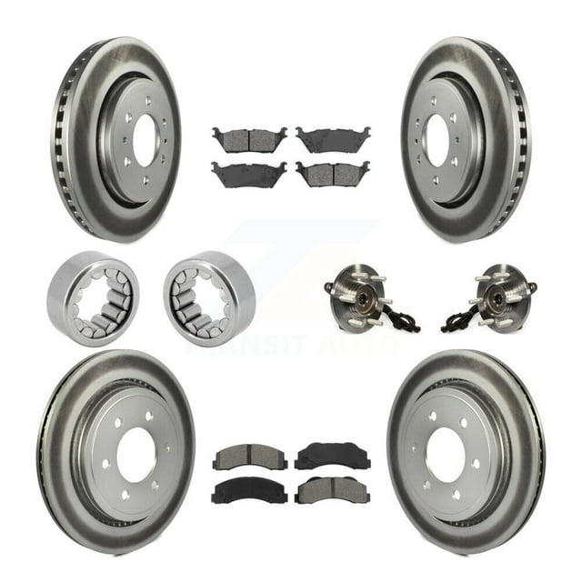 Transit Auto Front Rear Hub Bearing Assembly Coated Disc Brake Rotor and Semi-Metallic Pads Shoe Kit (10Pc) for Car Ford F-150 with Electric Parking Left Right Side (Driver Passenger) KBB-112486