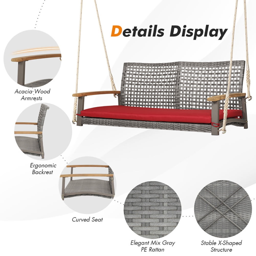 Aimee Lii 2-Person Rattan Hanging Porch Swing Chair, Swing Chair Outdoor, Red Aimee Lii 2-Person Rattan Hanging Porch Swing Chair, Swing Chair Outdoor, Red