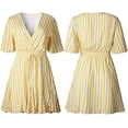 thumbnail image 5 of Robe Courte Plissée Aguichant pour Femme à Col en V Profond, Manches Courtes, Rayée, Portefeuille, Ourlet à Volants, avec Ceinture, Jaune, P, 5 of 5