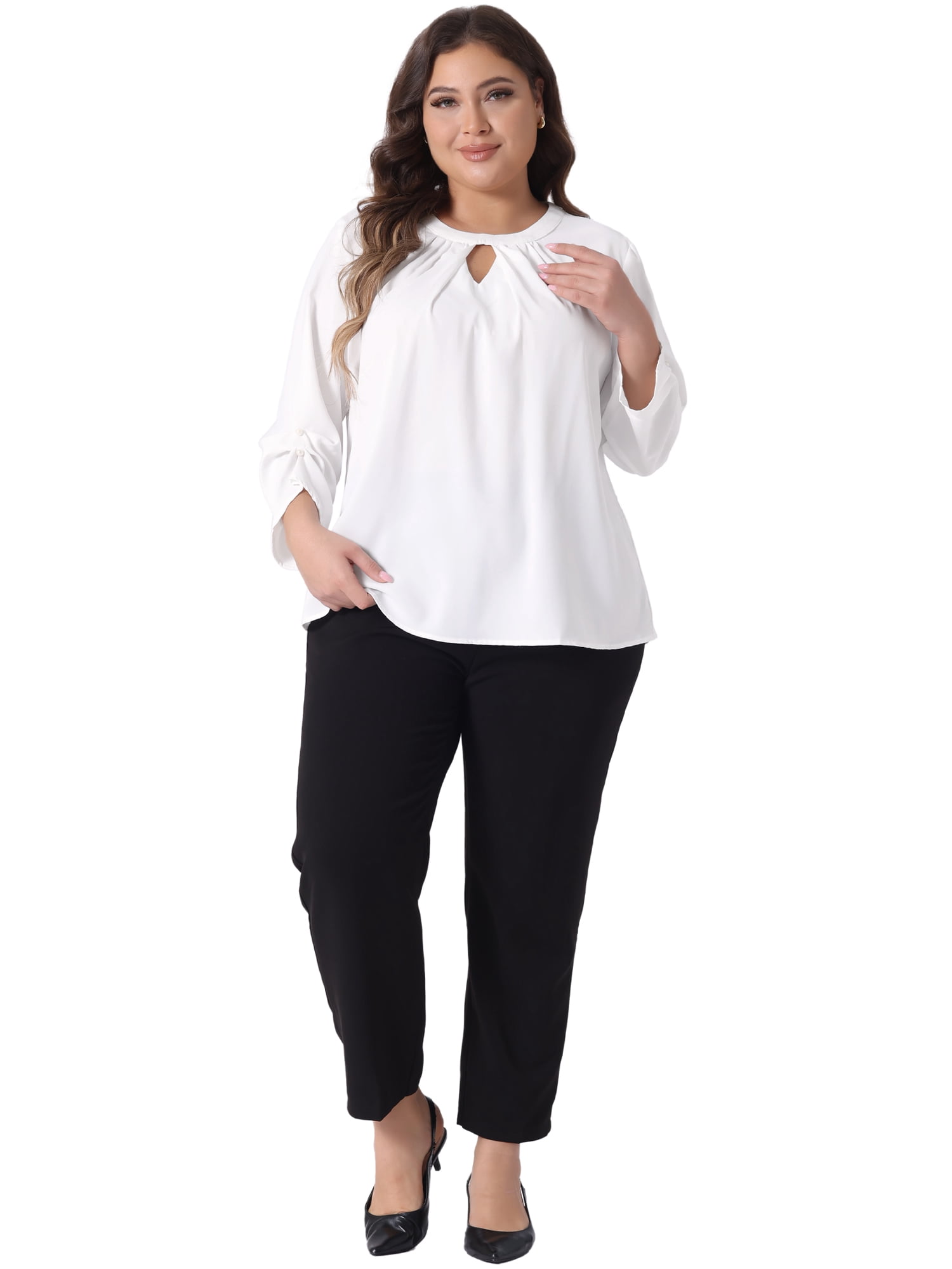 DARING DIVA Women' Plus Size Pleated Crew Neck Keyhole Tops 2X White