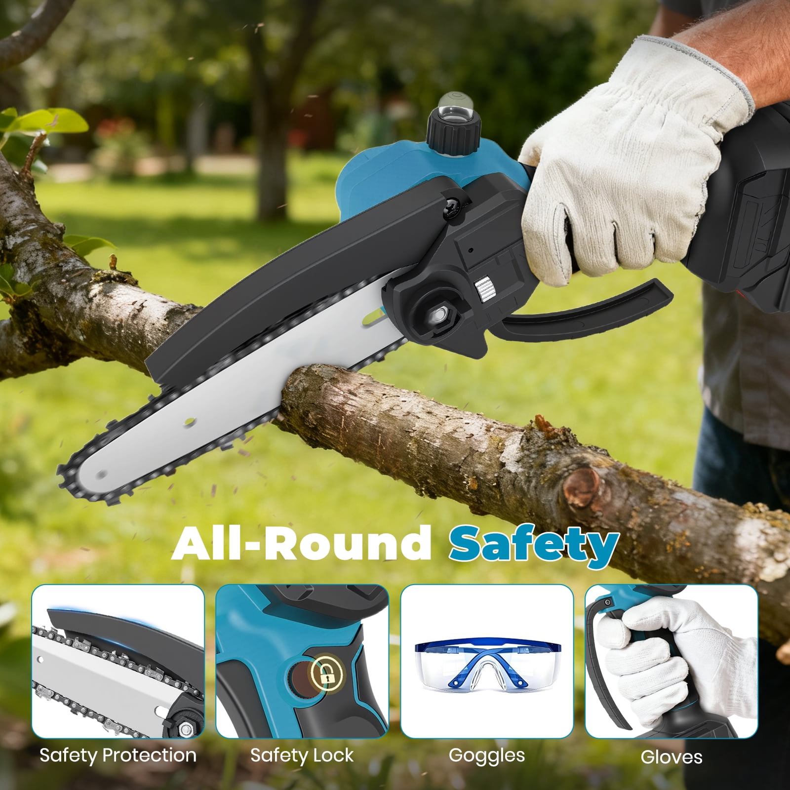BAOKALER 6 inch Cordless Mini Chainsaw with 2x2000mAh Batteries, Portable Handheld Electric Chain Saw, Blue