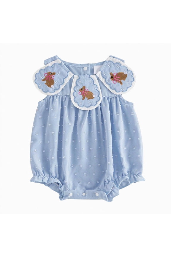 Newborn Baby Girl Easter Outfit Bunny Bow Embroidery Collar Sleeveless Bubble Romper Bodysuit Jumpsuit Clothes Size 12-18Months Blue