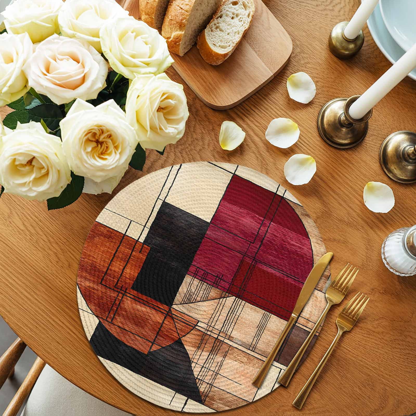 Round Placemats Red Brown Beige Geometric Painting 15 inch Set of 4 Table Mats for Dining Table Abstract Art Heat Resistant Non-Slip Kitchen & Home Decorative Place Mat Set