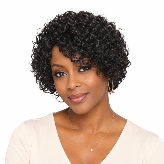 8 Inch Short Curly Human Hair Wig with Bangs, Natural Color | Jerry Curl Side-Part Glueless Wig with a Machine-Made Cap, Natural-Looking Style for Black Women and Older Women