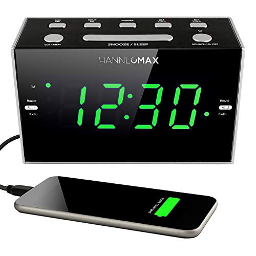 HANNLOMAX HX-122CR Radio despertador, radio FM PLL, alarma dual, pantalla LED verde de 1,2 pulgadas, puerto USB para carga de 1 A, funcionamiento con alimentación de CA únicamente.