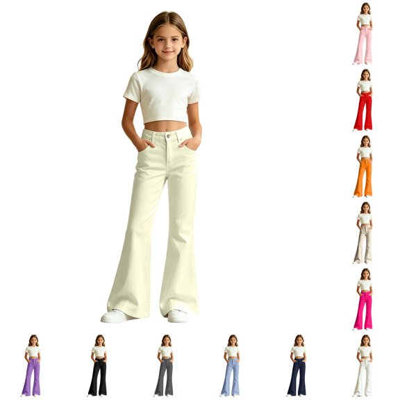 WhouRiu Girls Casual Flared Pants Fashion Solid Color Rigid Waist Trousers With Pockets Kids Back To School Comfortable Everyday Wear,13-14 Years