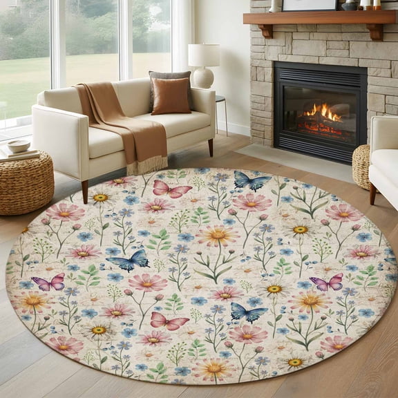 Round Area Rug 6 Ft, Pink Spring Floral Washable Non-Slip Circle Carpet for Living Room/Bedroom, Elegant Pastoral Flowers Butterflies Vintage Low-Profile Indoor Mats Collection Rugs for Residential