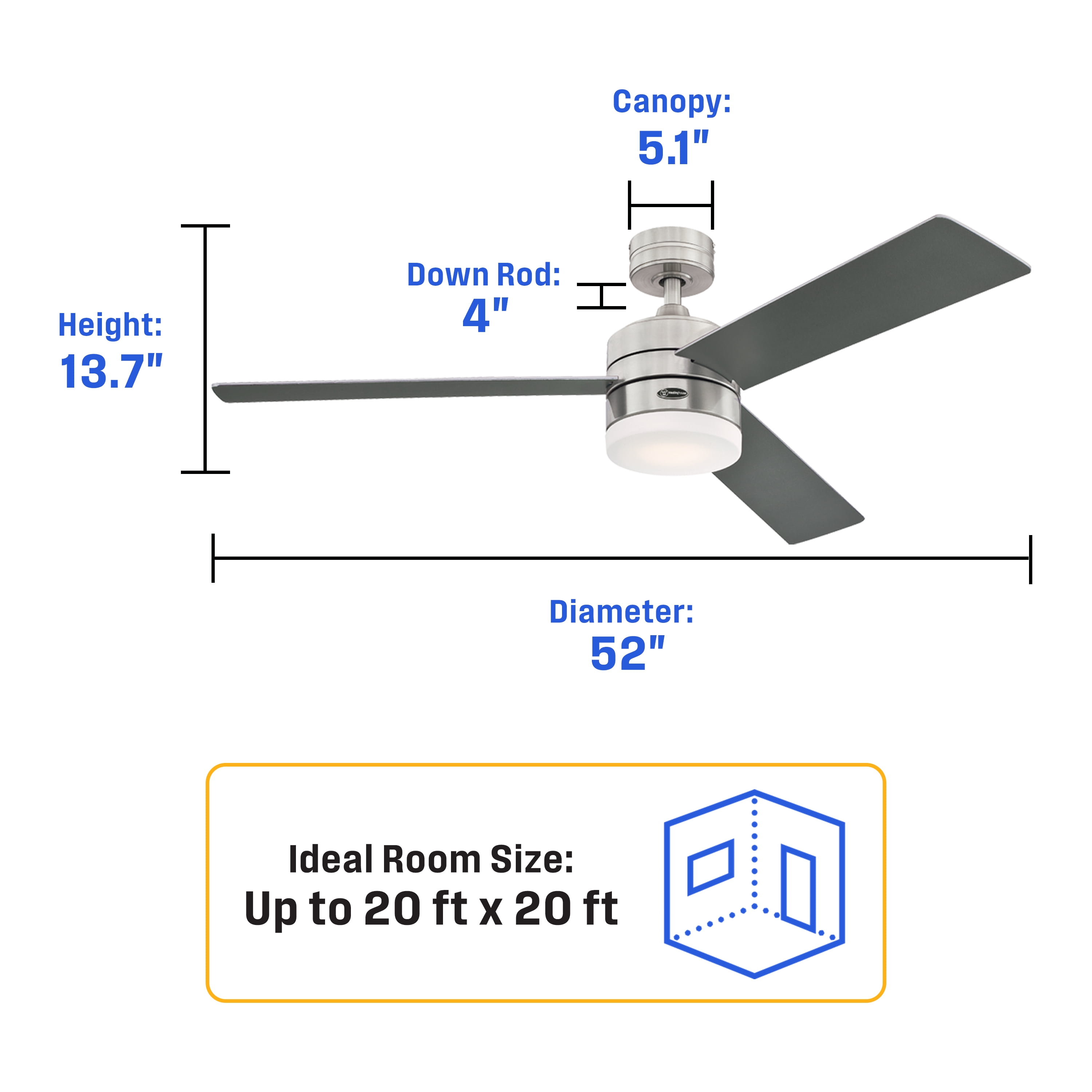 Westinghouse Lighting Modern Alta Vista Smart Wi-Fi Ceiling Fan with LED Light, Remote Control 52 Inch Brushed Nickel Finish, Opal Frosted Glass, Compatible with Amazon Alexa & Echo Device