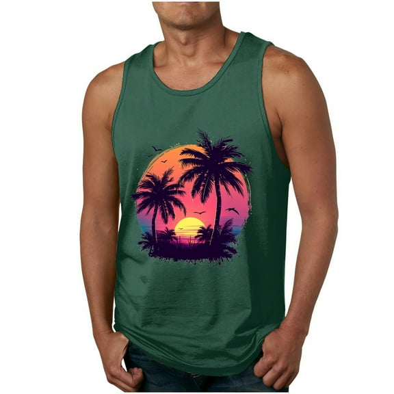 WMTBSRSW Men Tank Tops Graphic Palm Tree Print Round Neck Sleeveless Fit Basic T Shirts Hawaiian Summer Beach Loose Shirts
