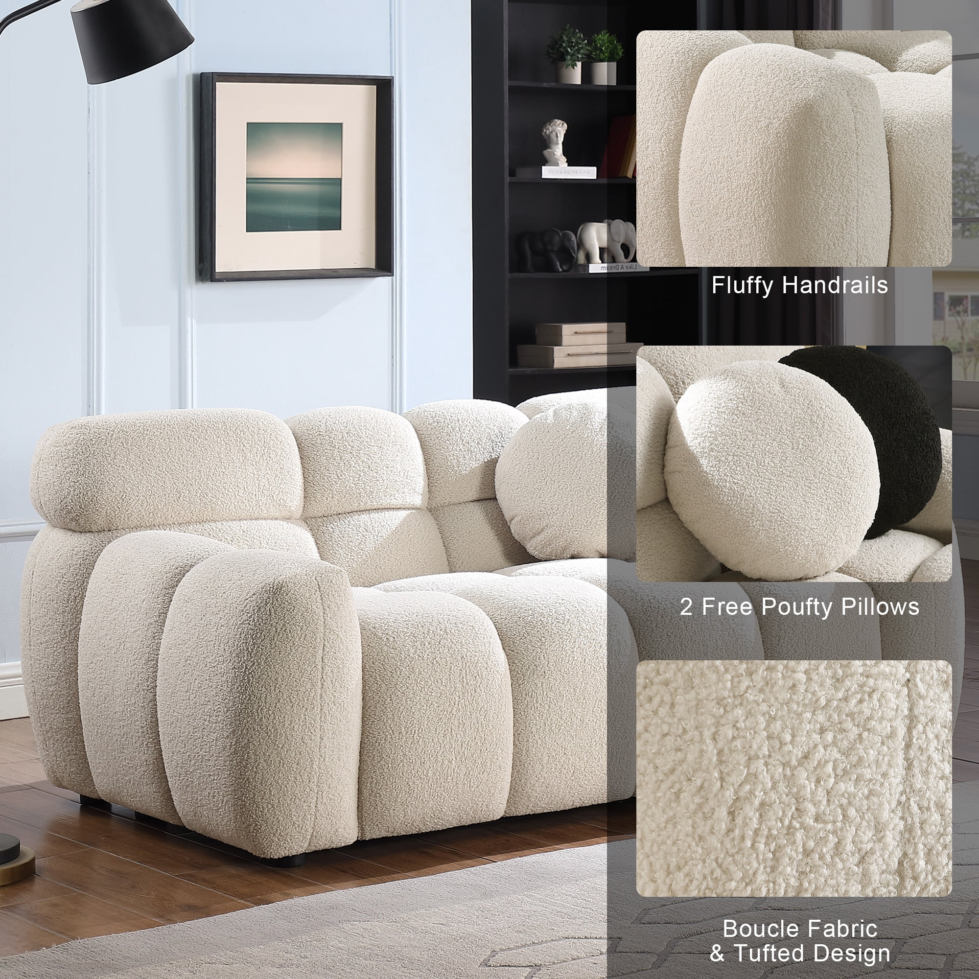 MOONMISS Boucle Upholstered Tufted Wood Frame Marshmallow Loveseat Sofa with 2 Pillows for Living Room-Beige