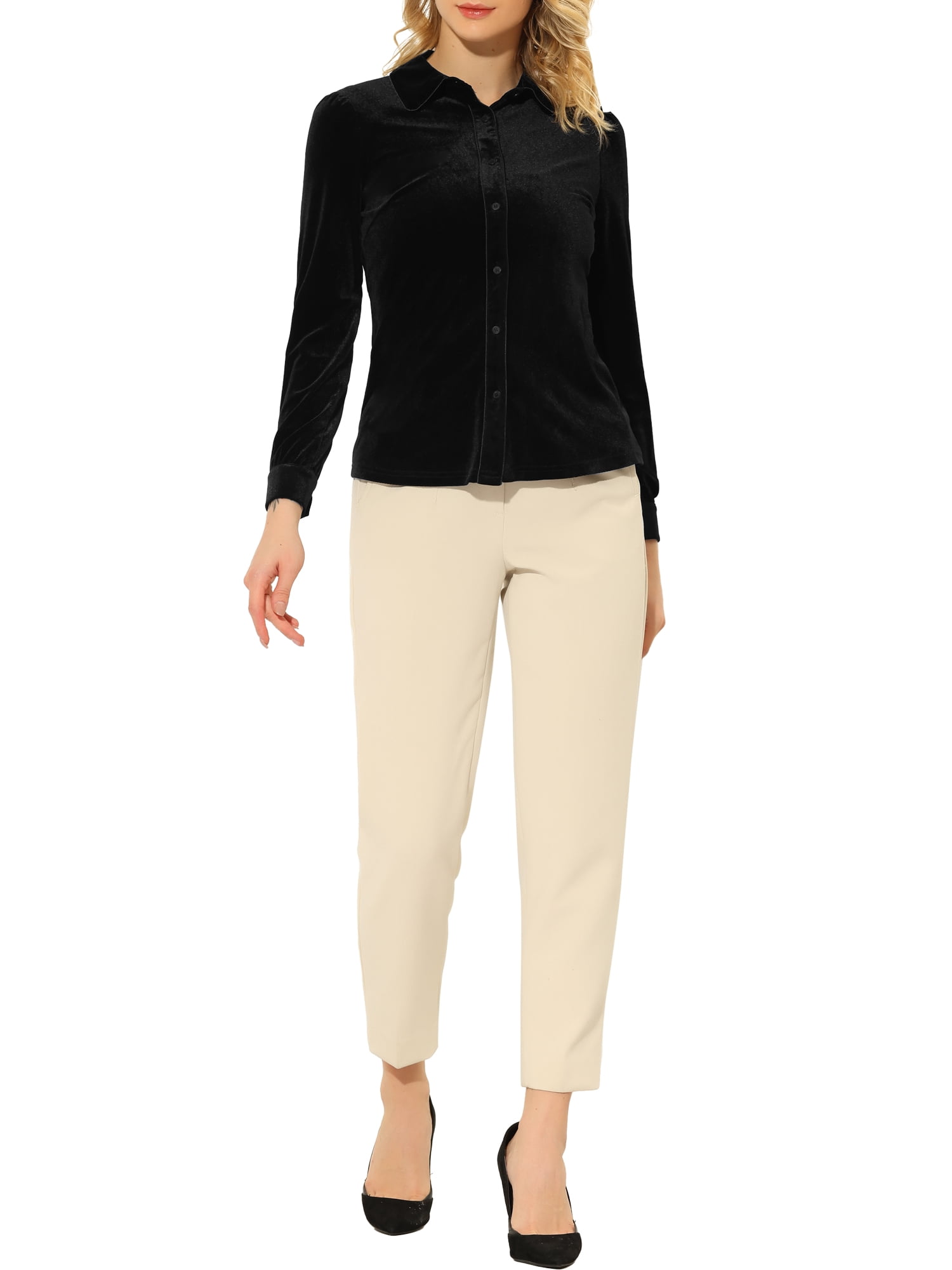 Unique Bargains Women's Point Collar Long Sleeve Button up Velvet Shirt