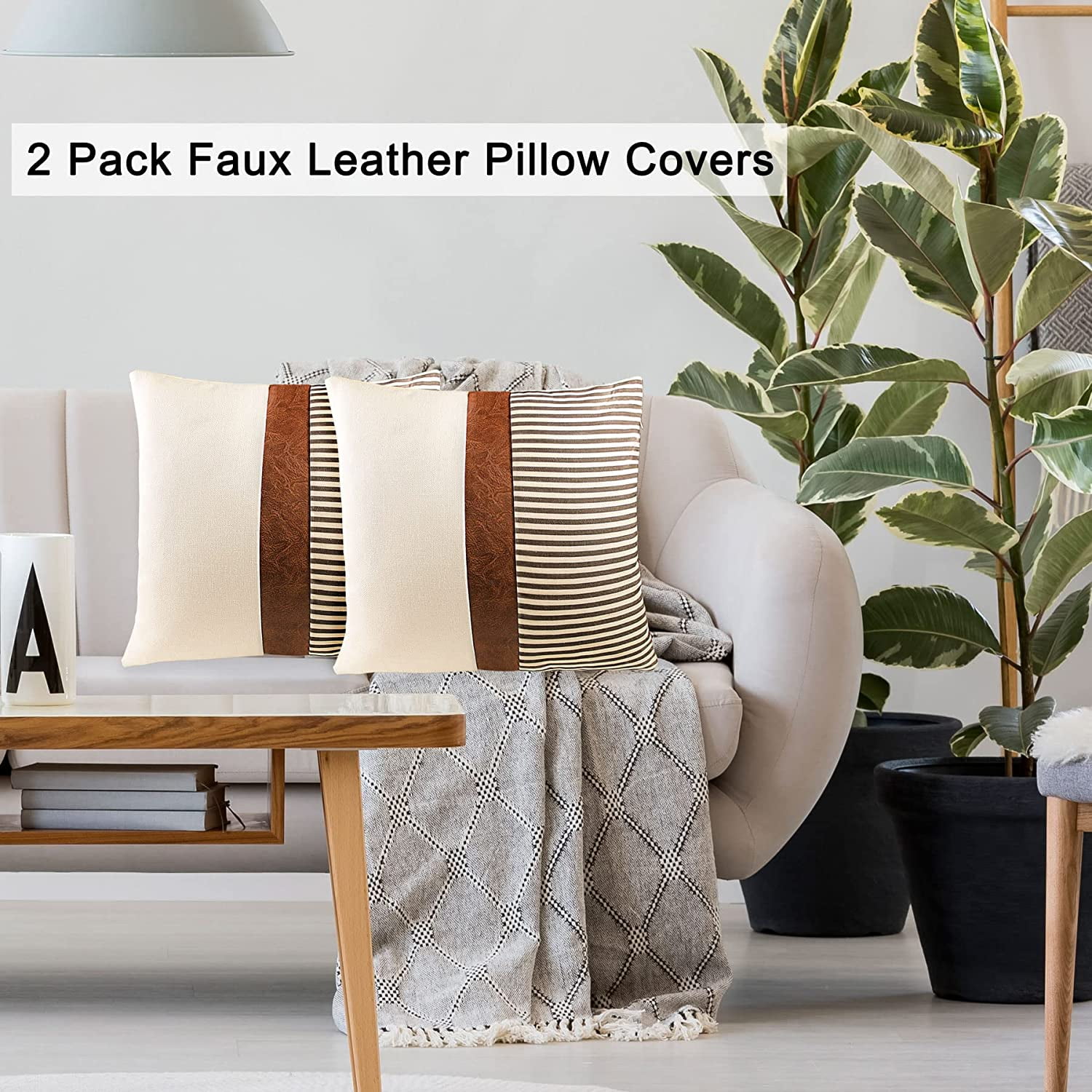 Ibaolea Farmhouse Decorative Throw Pillow Covers 18x18 Set Of 2 Couch Pillow Cover For Living Room Stripe Patchwork Linen Pillow Covers Modern Acce