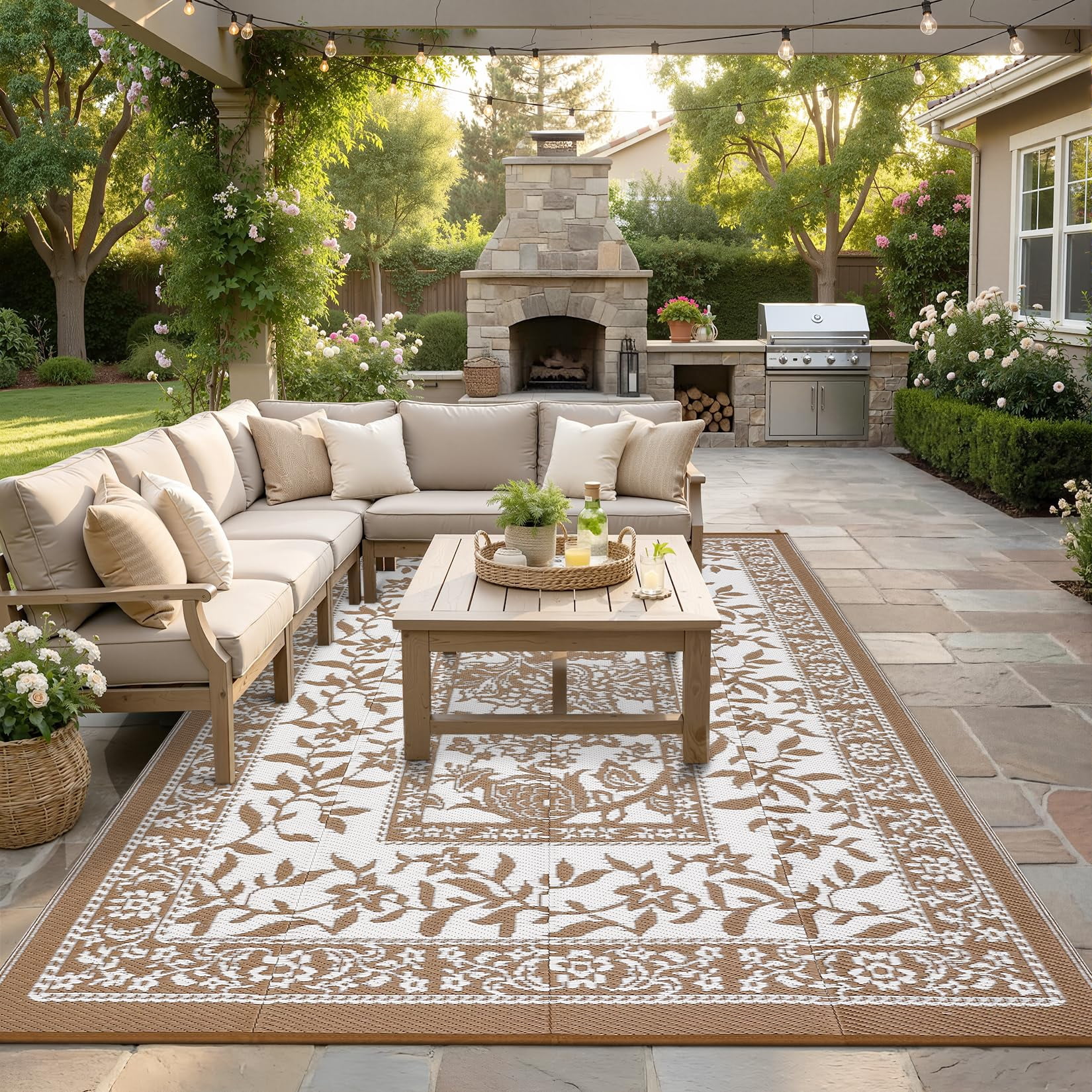 Soonbuy 9x12 FT Outdoor Rug, Waterproof Reversible Plastic Straw Outdoor Patio Rug, Botanical Grove Vintage Cottage Outdoor Area Rug Carpet for RV, Deck, Picnic, Beach, Backyard
