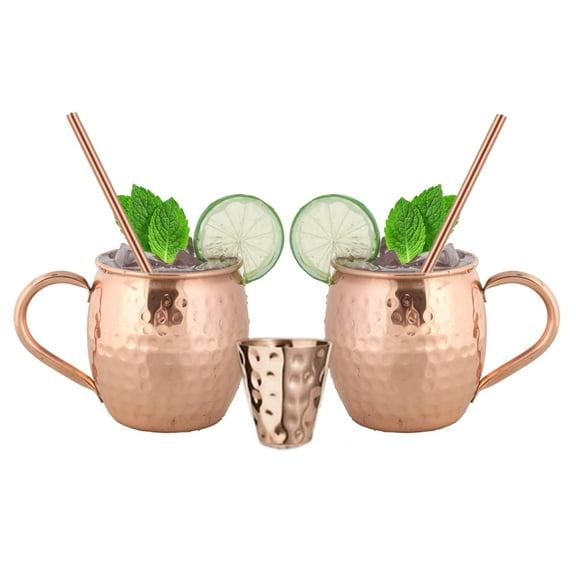 LUXERAD BOLD & DIVINE Moscow Mule Copper Mugs - Set of 2, 16 oz, Handcrafted with Straws & Shot Glass