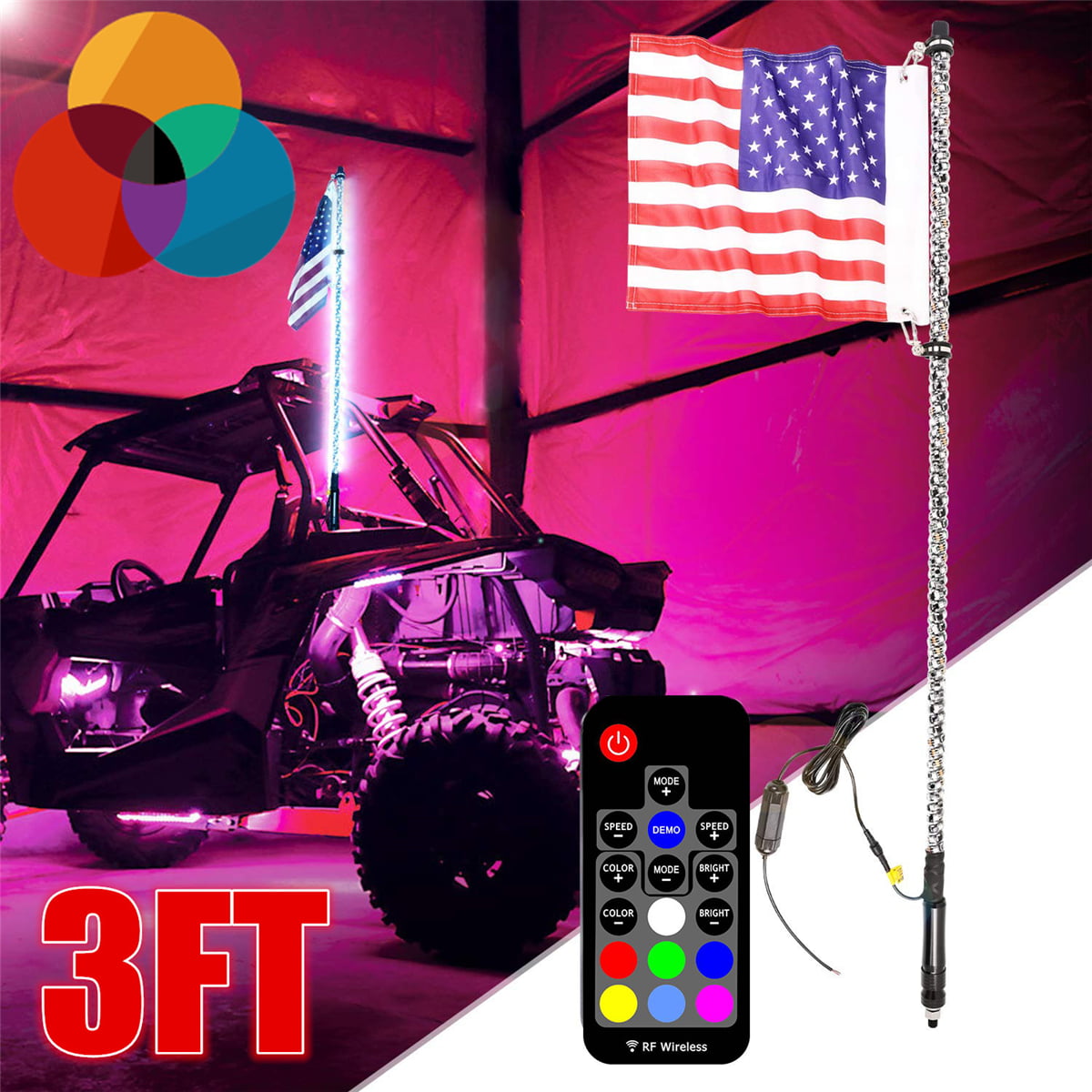 Details about  / ✈Pair 3ft RGB LED Spiral Whip Lights Antenna Chase 2 Flag /& Remote for ATV UTV