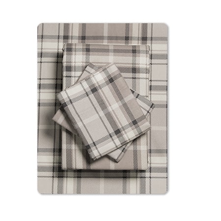 Mainstays Grey Plaid 155 GSM, 100% Cotton, Flannel Sheet Set, Queen