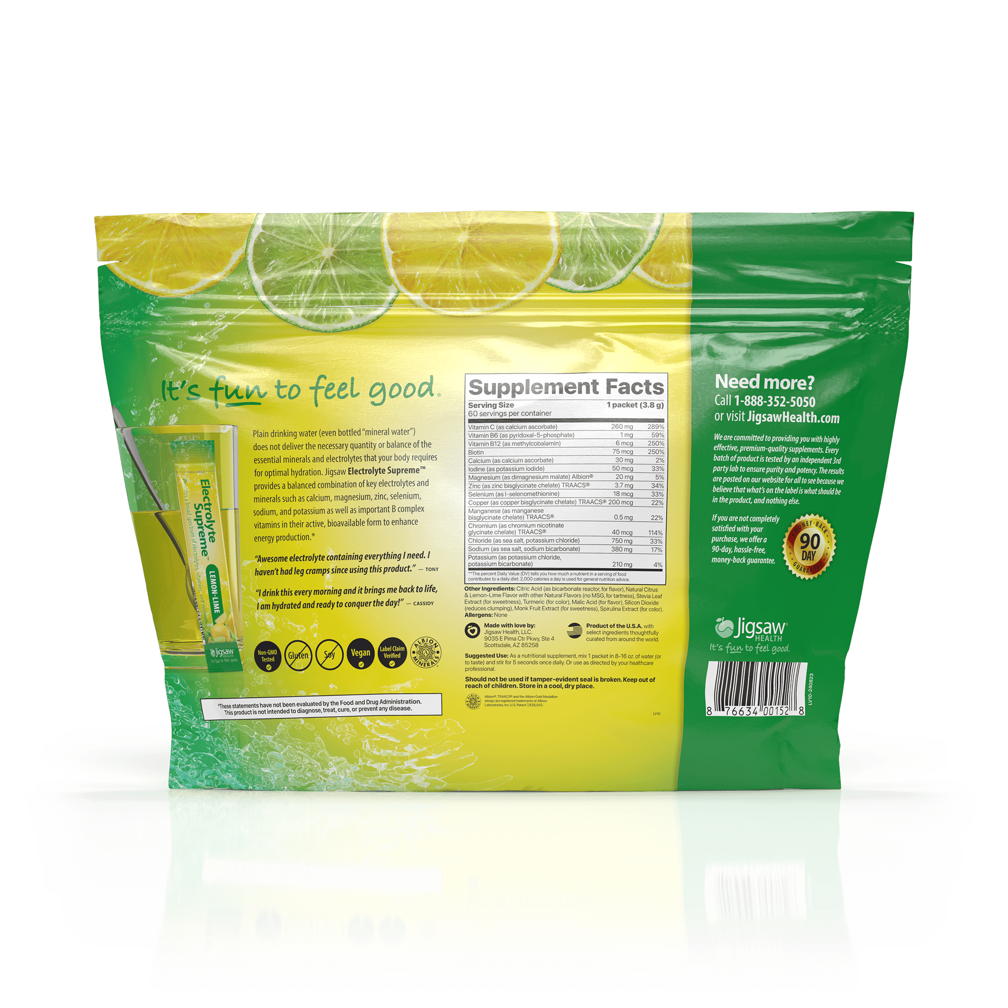 Jigsaw Health - Electrolyte Supreme - Great Lemon Lime Flavor - Broad Spectrum of Electrolytes + trace minerals - 60 Powder Packets (Lemon Lime, Packets)